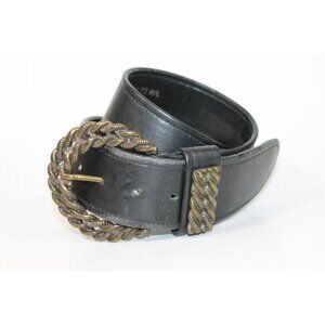 Vintage Accessories By Marla Black Leather Belt W/ Intricate Brass Buckle Design
